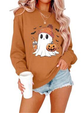 Orange Halloween Sweatshirt Cute Ghost Pumpkin Coffee Spooky Season Pullover